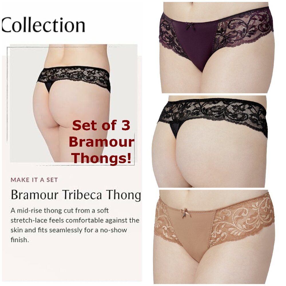 Set of 3 Colors! Thongs 2XL Panties Bramour Tribeca 2XL FITS 33-34" Lace Briefs